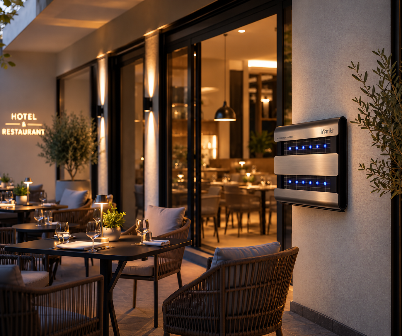 Terasa hotela i restorana navečer, grijana infracrvenom grijalicom na zidu