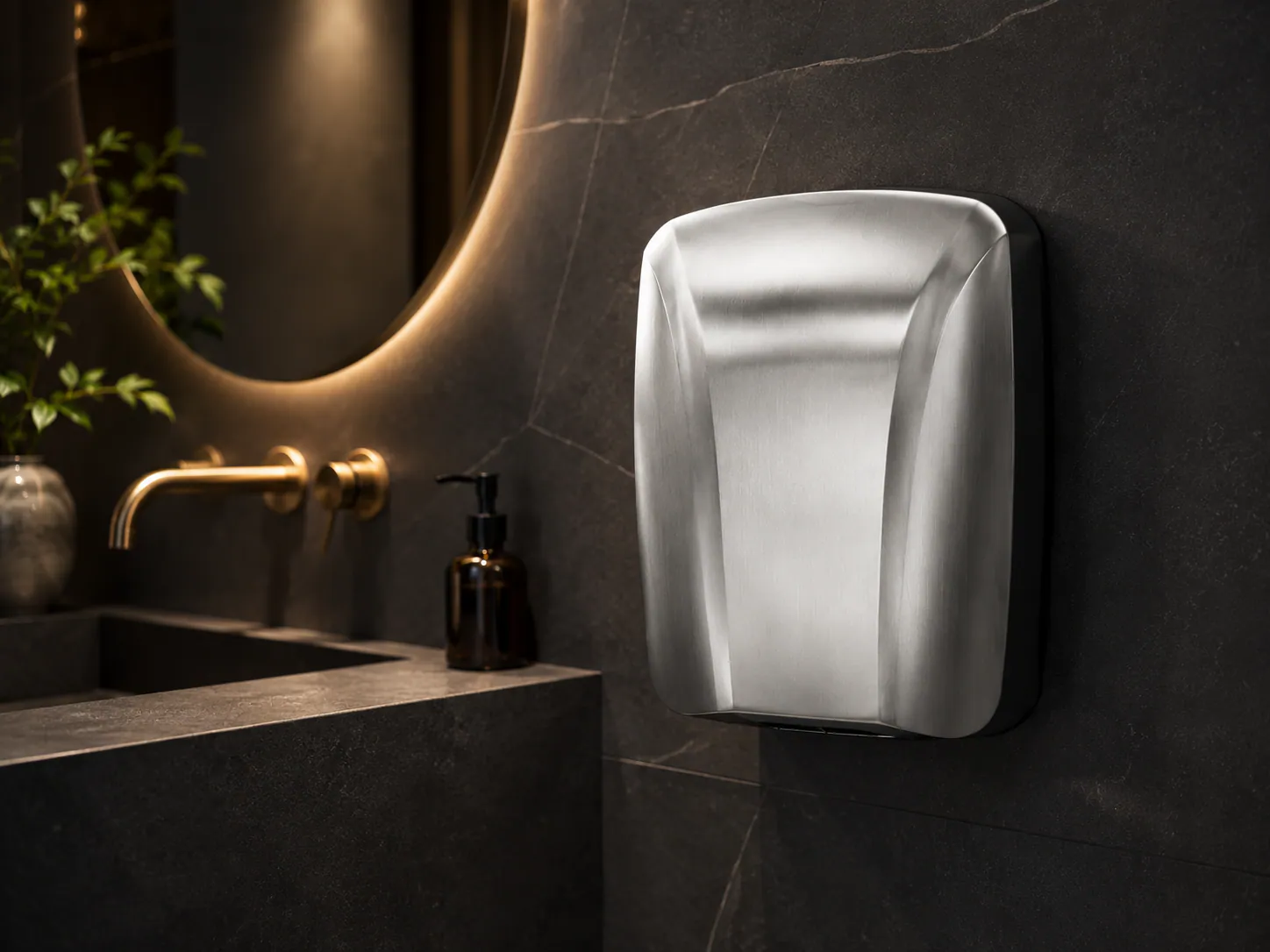 Brushed stainless steel hand dryer on the wall of a modern washroom
