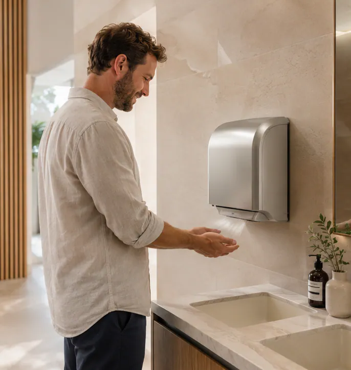 Man drying his hands under a touch-free hand dryer