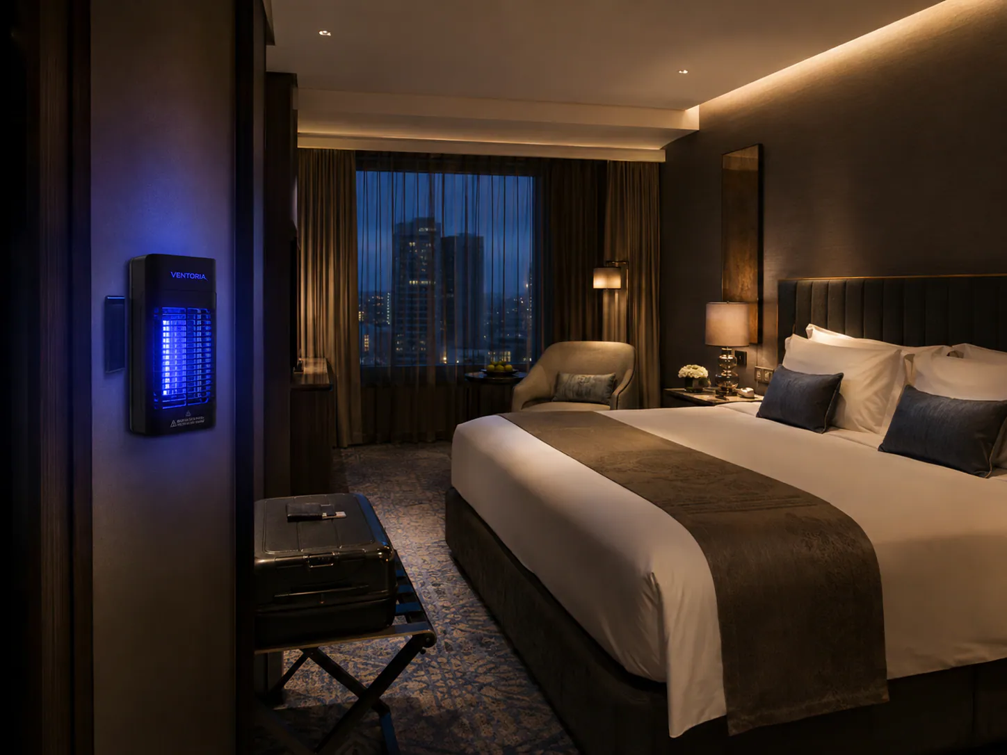 Discreet UV insect killer on the wall of a hotel room