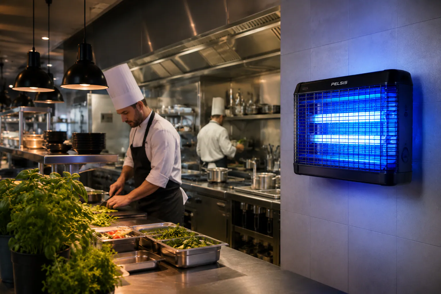 Chef in a professional kitchen next to a wall-mounted UV insect killer