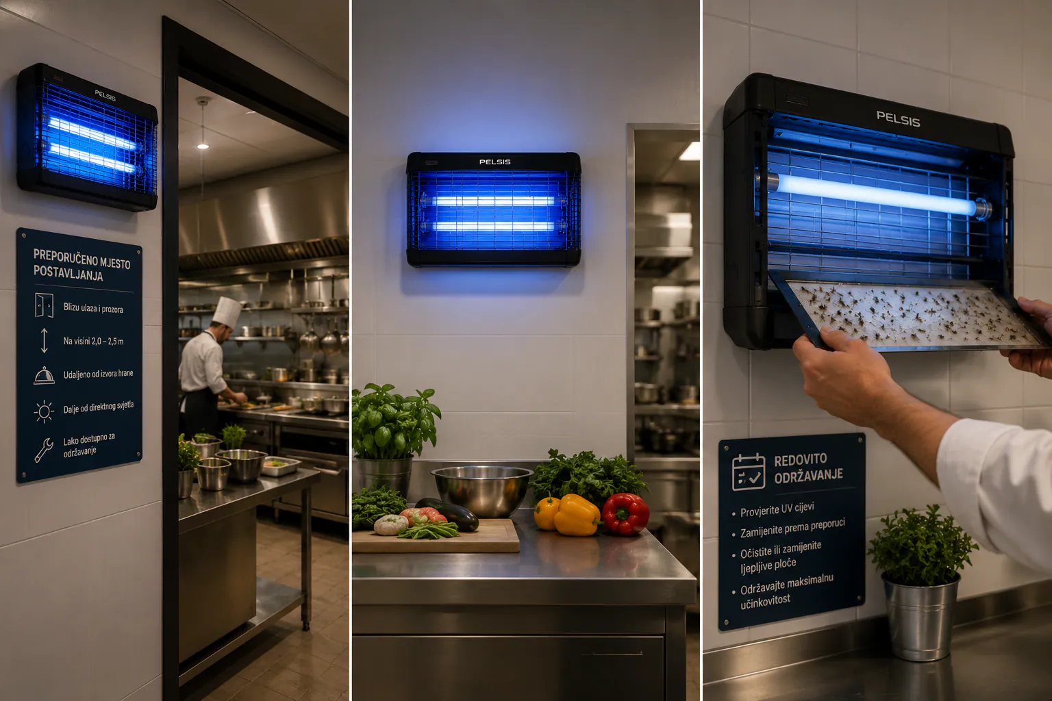 UV insect killer in a restaurant kitchen: recommended installation spot and glue board replacement